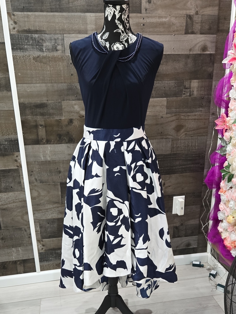 Navy and White Floral High Low Dress